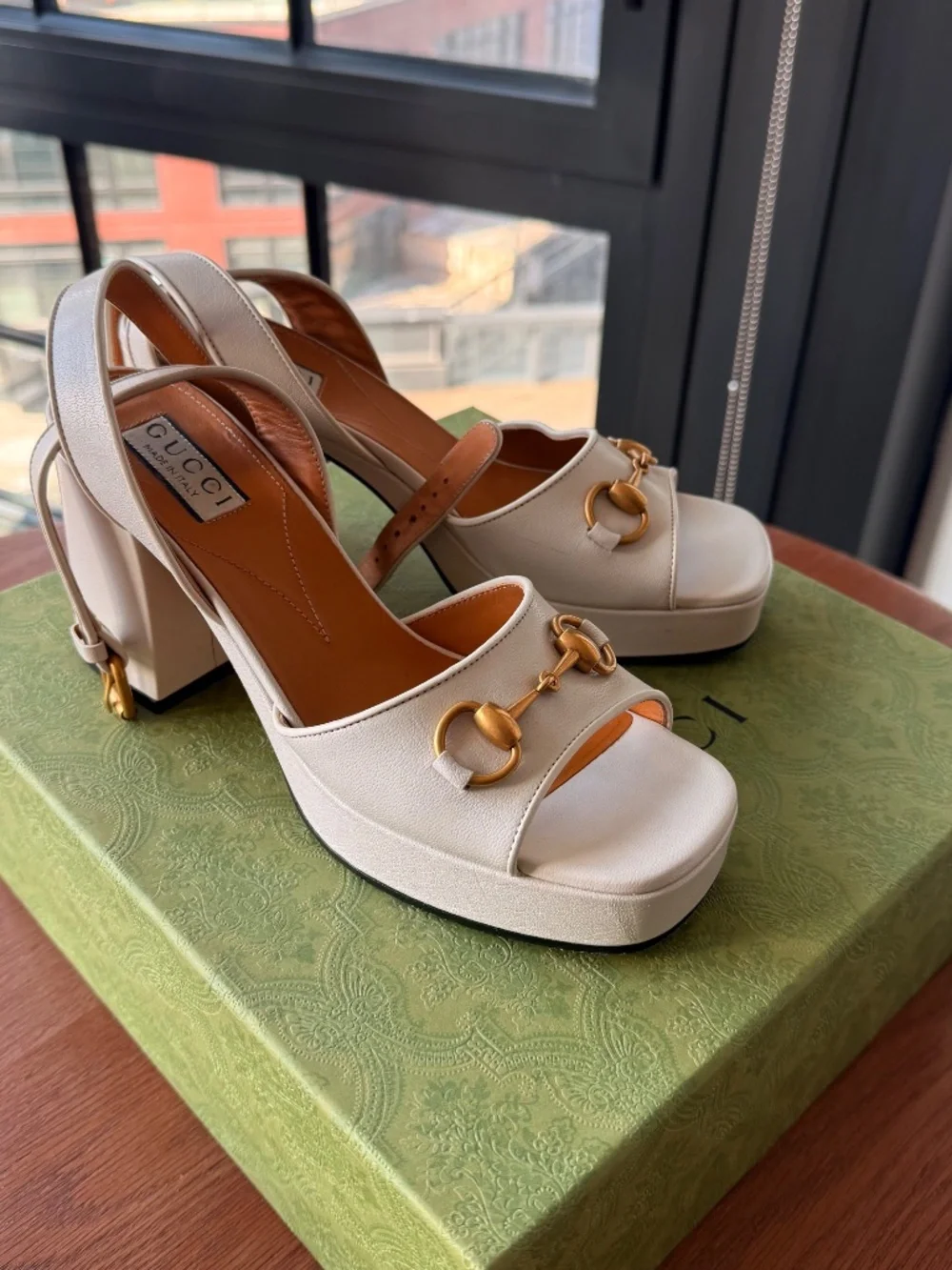 Gucci Horsebit Platform Block Heel Sandals White Leather w/ Box - Picture 4 of 5